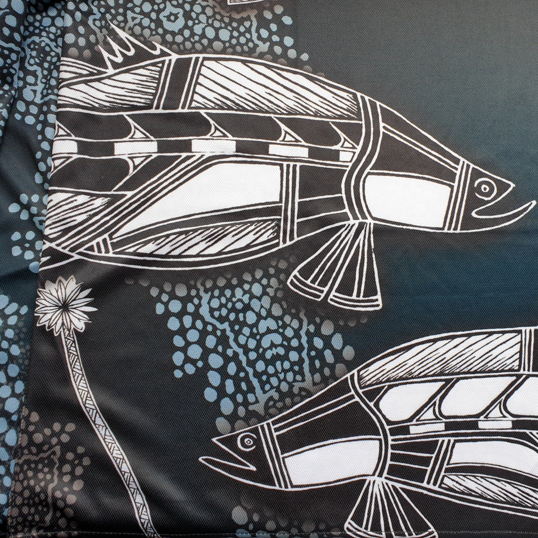 Indigenous Waterhole Barramundi Black Shirt Z and TEE ABORIGINAL Australia Australian camping FIRST NATIONS FIRST NATIONS DESIGNS fishing LJM men mens Preorder quick dry spo-default spo-disabled sun sun shirt sun shirts sunsafe uniforn uv work