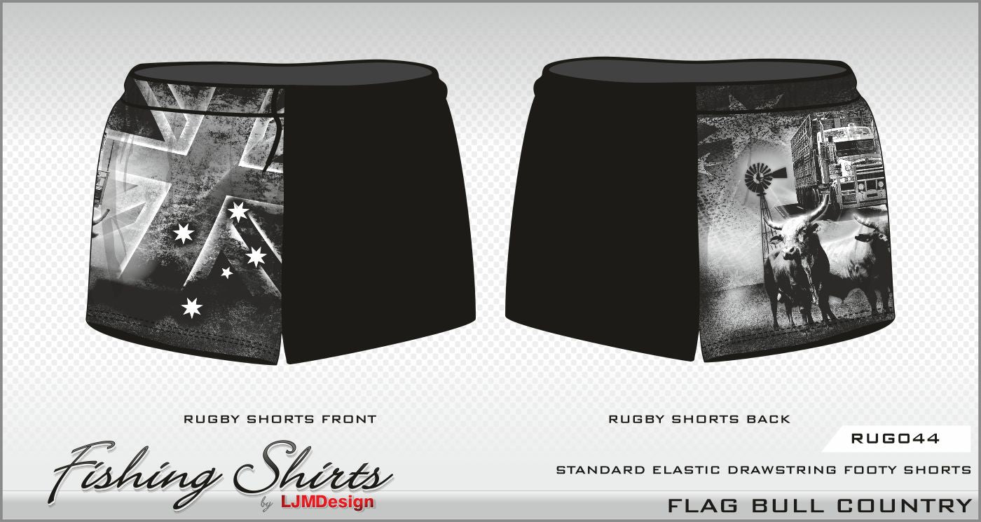 Rugby Shorts | Flag Bull Country Shorts LJM Designs Aussie Australia Australia Day Australian Australian Camping OG Australiana blue camping DAD FATHER'S DAY FISHING HIM ALL in stock LJM men MEN'S DESIGNS mens MENS DESIGNS quick dry spo-default spo-disabled sun sun shirt sun shirts sunsafe SWIMMING uv z&tee