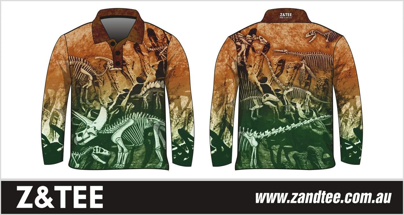 Kids | Dinosaur Trail Fossils Green Shirt Z and TEE BOYS DESIGNS camping fishing LJM men mens Preorder quick dry spo-default spo-disabled sun sun shirt sun shirts sunsafe uv
