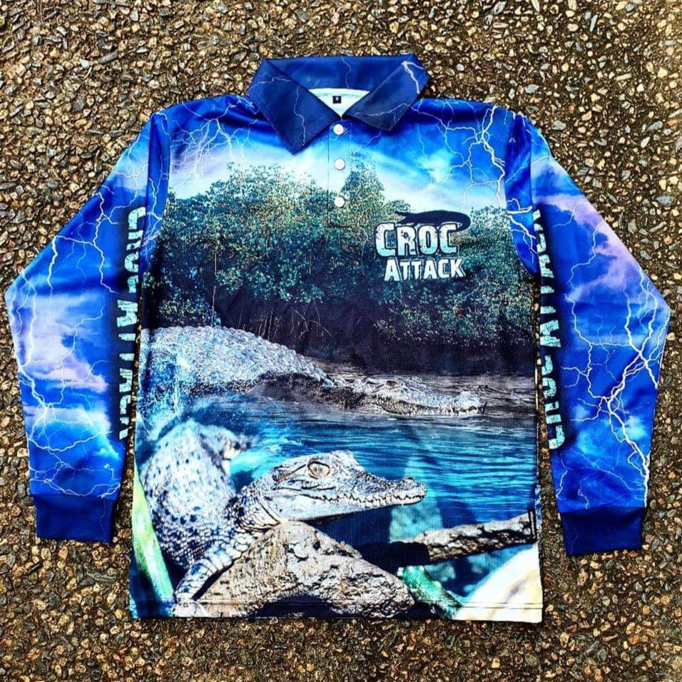 Croc Attack Fishing Shirt Long or Short Sleeve Z and TEE barramundi boy boys COUNTRY WESTERN DESIGNS fishing LJM men mens Preorder quick dry spo-default spo-disabled sun sun shirt sun shirts sunsafe uv western