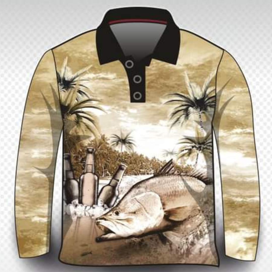 Fishing | Barra Paradise Beer Drinker Shirt Long or Short Sleeve Z and TEE barra barramundai beer FISH DESIGNS fishing LJM men MEN'S DESIGNS mens MENS DESIGNS Preorder quick dry spo-default spo-disabled sun sun shirt sun shirts sunsafe uv