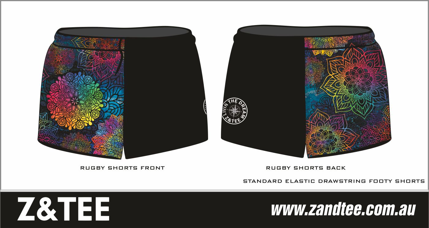 Rugby Shorts | Kaleidoscope Mandala Black LJM Designs camping FISHING in stock LJM PATTERN AND PLAIN DESIGNS quick dry spo-default spo-disabled sun sun shirt sun shirts sunsafe SWIMMING uv Women WOMEN'S DESIGNS Women's Fishing womens z&tee