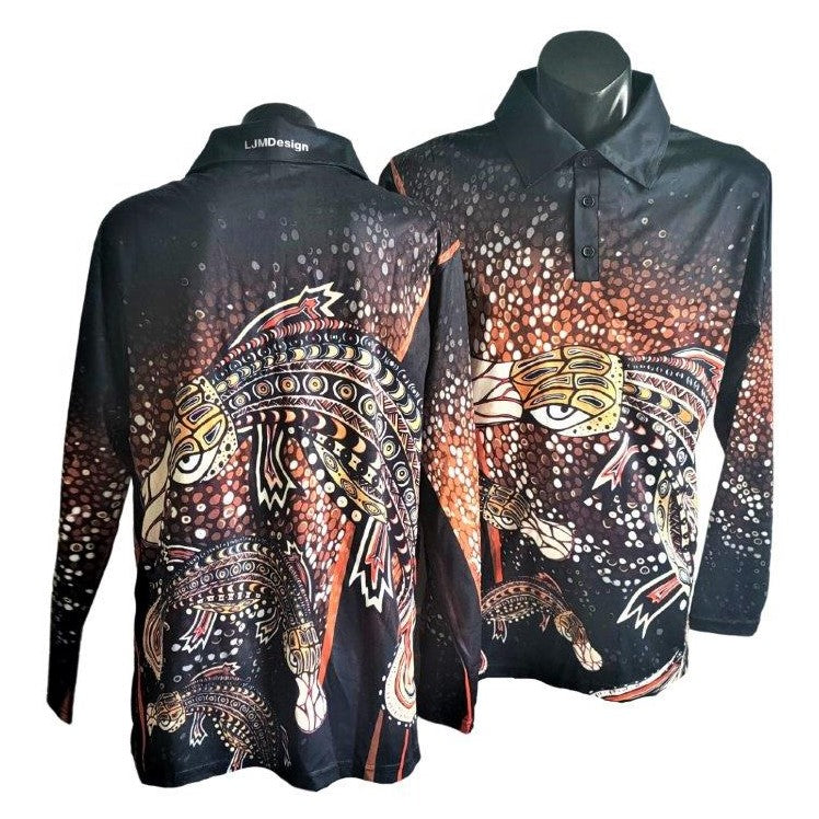 Indigenous Platypus Design Brown Shirt Z and TEE ABORIGINAL Australia Australian camping FIRST NATIONS FIRST NATIONS DESIGNS fishing LJM Preorder quick dry spo-default spo-disabled sun sun shirt sun shirts sunsafe uv WORK