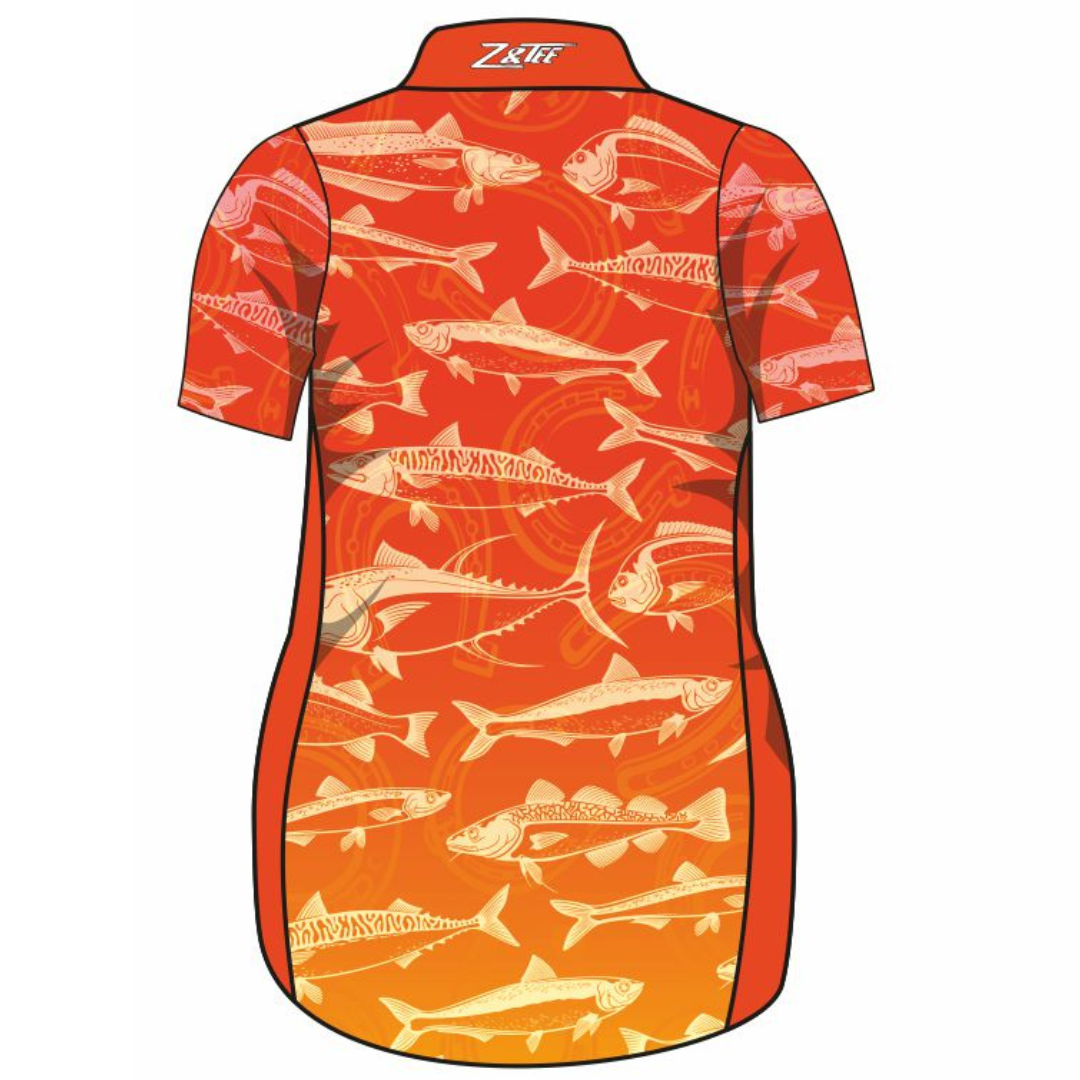 Fishing | Lucky Pattern Orange Fishing Dress Long or Short Sleeve Z and TEE competition FISH FISH DESIGNS FISHING fishing dress MATCHING matching dress PATTERN AND PLAIN DESIGNS PERSONALISED POCKETS Preorder reef reef fish