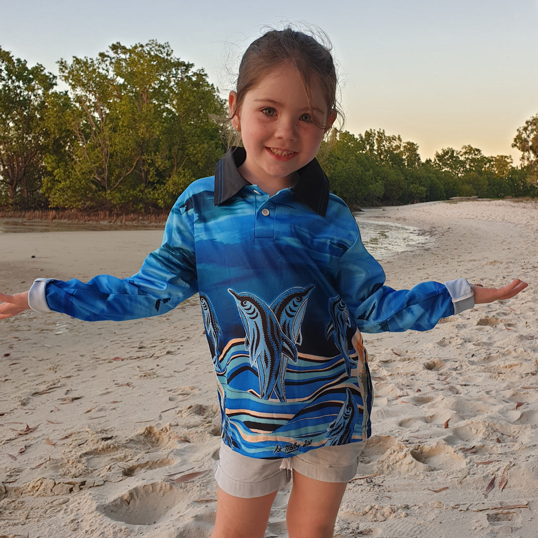Indigenous | Dolphin Dreaming Blue Shirt Z and TEE ABORIGINAL Australia Australia Day Australian camping FIRST NATIONS FIRST NATIONS DESIGNS fishing FISHING SHIRT LJM Preorder quick dry spo-disabled sun SUN SAFE sun shirt sun shirts SUN SMART sunsafe uv