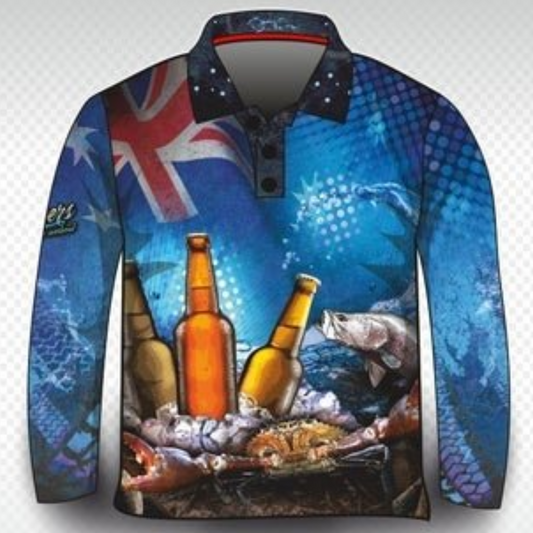 Australian | Cheers to the Weekend Shirt Long or Short Sleeve Z and TEE AUSSIE FLAG Australia Australia Day Australian camping FISH DESIGNS fishing LJM men MEN'S DESIGNS mens Preorder quick dry spo-default spo-disabled sun sun shirt sun shirts sunsafe uv