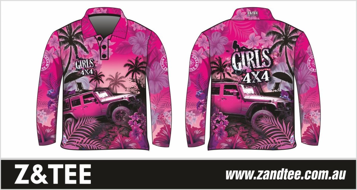 4x4 | Girls 4x4 Tropical Pink Shirt Z and TEE 4wd 4x4 4X4 DESIGNS camping cape fishing FLORAL girl girls GIRLS DESIGNS LJM Preorder quick dry spo-default spo-disabled sun sun shirt sun shirts sunsafe tip travel uv WOMEN'S DESIGNS womens