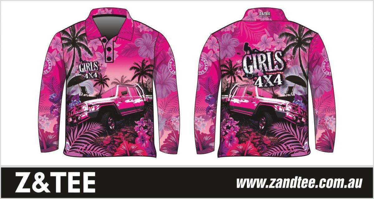 4x4 | Girls 4x4 Tropical Pink Shirt Z and TEE 4wd 4x4 4X4 DESIGNS camping cape fishing FLORAL girl girls GIRLS DESIGNS LJM Preorder quick dry spo-default spo-disabled sun sun shirt sun shirts sunsafe tip travel uv WOMEN'S DESIGNS womens