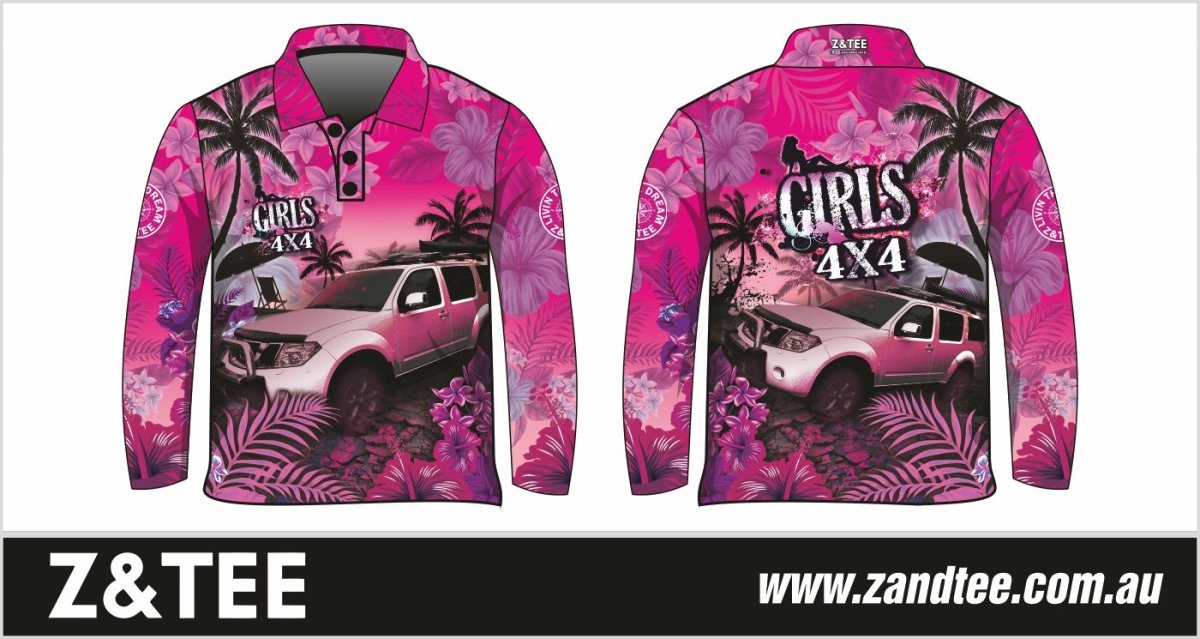 4x4 | Girls 4x4 Tropical Pink Shirt Z and TEE 4wd 4x4 4X4 DESIGNS camping cape fishing FLORAL girl girls GIRLS DESIGNS LJM Preorder quick dry spo-default spo-disabled sun sun shirt sun shirts sunsafe tip travel uv WOMEN'S DESIGNS womens