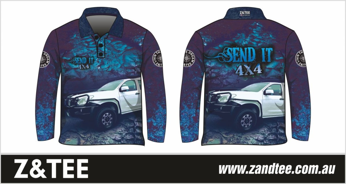 4x4 | Send It 4x4 Blue Shirt Z and TEE 4wd 4x4 4X4 DESIGNS BOYS DESIGNS camping fishing LJM men MEN'S DESIGNS mens Preorder quick dry spo-default spo-disabled sun sun shirt sun shirts sunsafe uv
