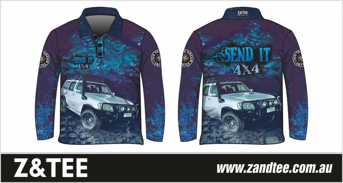 4x4 | Send It 4x4 Blue Shirt Z and TEE 4wd 4x4 4X4 DESIGNS BOYS DESIGNS camping fishing LJM men MEN'S DESIGNS mens Preorder quick dry spo-default spo-disabled sun sun shirt sun shirts sunsafe uv