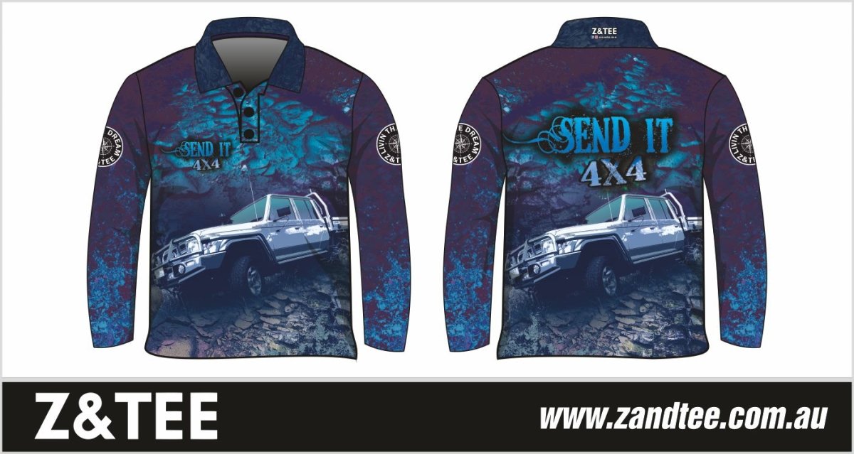 4x4 | Send It 4x4 Blue Shirt Z and TEE 4wd 4x4 4X4 DESIGNS BOYS DESIGNS camping fishing LJM men MEN'S DESIGNS mens Preorder quick dry spo-default spo-disabled sun sun shirt sun shirts sunsafe uv