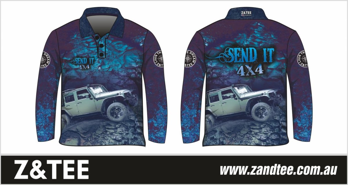 4x4 | Send It 4x4 Blue Shirt Z and TEE 4wd 4x4 4X4 DESIGNS BOYS DESIGNS camping fishing LJM men MEN'S DESIGNS mens Preorder quick dry spo-default spo-disabled sun sun shirt sun shirts sunsafe uv