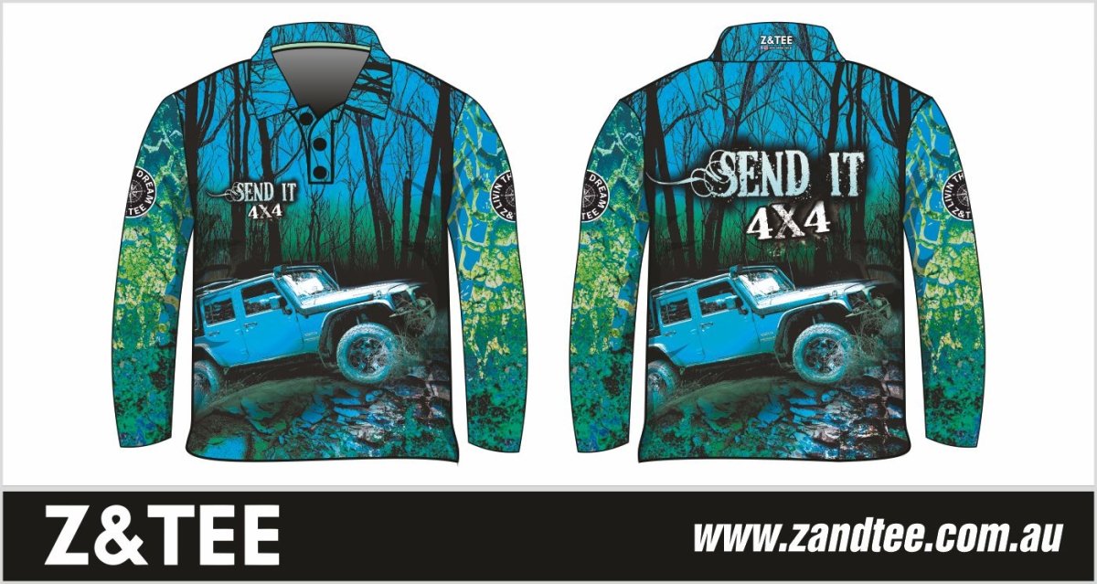 4x4 | Send It Bush Aqua Shirt Z and TEE 4wd 4x4 4X4 DESIGNS boy boys camping cape en fishing girl girls LJM men mens Preorder quick dry spo-default spo-disabled sun sun shirt sun shirts sunsafe tip travel uv Women womens
