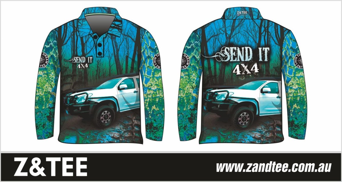 4x4 | Send It Bush Aqua Shirt Z and TEE 4wd 4x4 4X4 DESIGNS boy boys camping cape en fishing girl girls LJM men mens Preorder quick dry spo-default spo-disabled sun sun shirt sun shirts sunsafe tip travel uv Women womens