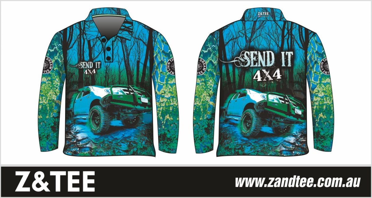 4x4 | Send It Bush Aqua Shirt Z and TEE 4wd 4x4 4X4 DESIGNS boy boys camping cape en fishing girl girls LJM men mens Preorder quick dry spo-default spo-disabled sun sun shirt sun shirts sunsafe tip travel uv Women womens