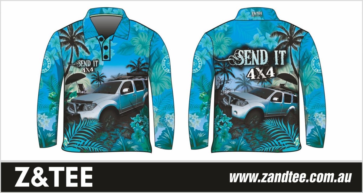 4x4 | Send It 4x4 Tropical Aqua Shirt Z and TEE 4wd 4x4 4X4 DESIGNS boy boys camping cape en fishing FLORAL girl girls LJM men mens Preorder quick dry spo-default spo-disabled sun sun shirt sun shirts sunsafe tip travel uv Women womens