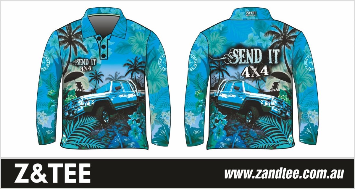 4x4 | Send It 4x4 Tropical Aqua Shirt Z and TEE 4wd 4x4 4X4 DESIGNS boy boys camping cape en fishing FLORAL girl girls LJM men mens Preorder quick dry spo-default spo-disabled sun sun shirt sun shirts sunsafe tip travel uv Women womens
