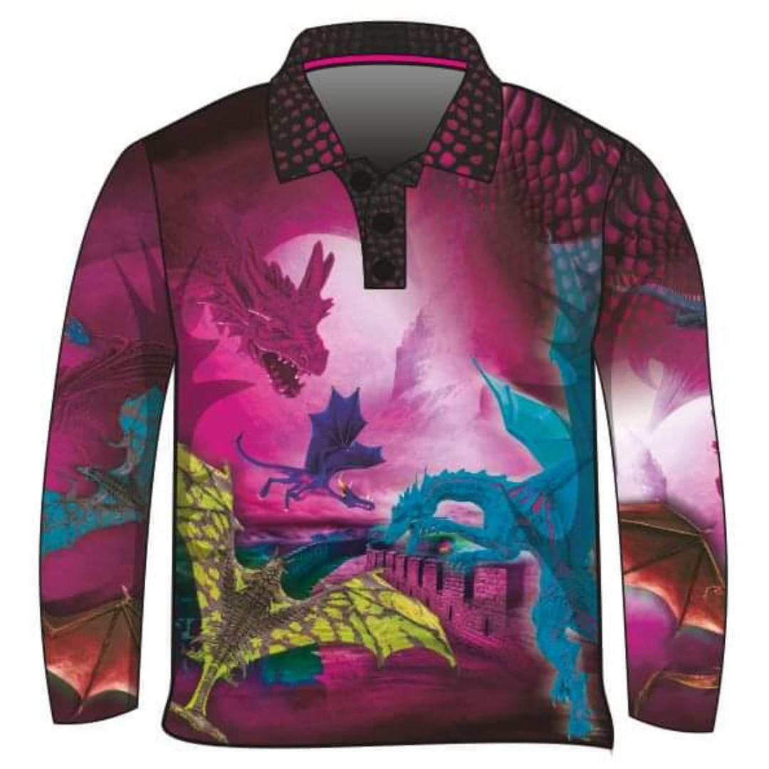 Kids | Castle of Dragons Pink Shirt Long or Short Sleeve Z and TEE camping fishing girls Kid's Fishing Kid's Fishing Apparel KIDS KIDS ALL kids design KIDS DESIGNS Kids UV rated shirt LJM pink Preorder quick dry spo-default spo-disabled sun sun shirt sun shirts sunsafe uv