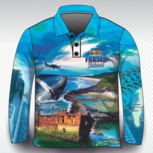 Fraser Island | Complete Fraser Island (K'gari) Blue Shirt Long or Short Sleeve Z and TEE 4x4 boy boys camping fishing FRASER ISLAND DESIGNS K'gari LJM men MEN'S DESIGNS mens Preorder quick dry spo-default spo-disabled sun sun shirt sun shirts sunsafe travel uv