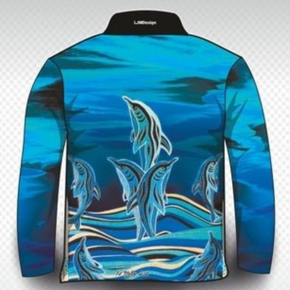 Indigenous | Dolphin Dreaming Blue Shirt Z and TEE ABORIGINAL Australia Australia Day Australian camping FIRST NATIONS FIRST NATIONS DESIGNS fishing FISHING SHIRT LJM Preorder quick dry spo-disabled sun SUN SAFE sun shirt sun shirts SUN SMART sunsafe uv