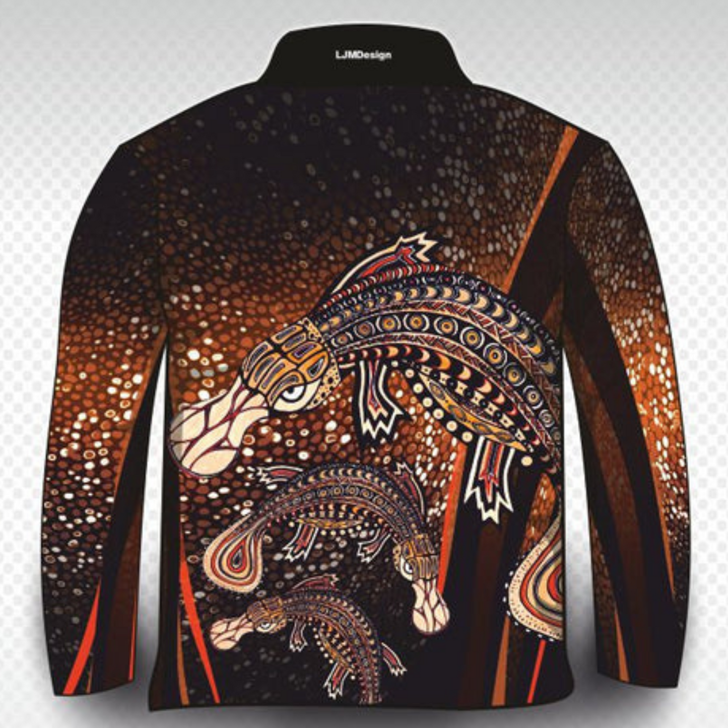 Indigenous Platypus Design Brown Shirt Z and TEE ABORIGINAL Australia Australian camping FIRST NATIONS FIRST NATIONS DESIGNS fishing LJM Preorder quick dry spo-default spo-disabled sun sun shirt sun shirts sunsafe uv WORK