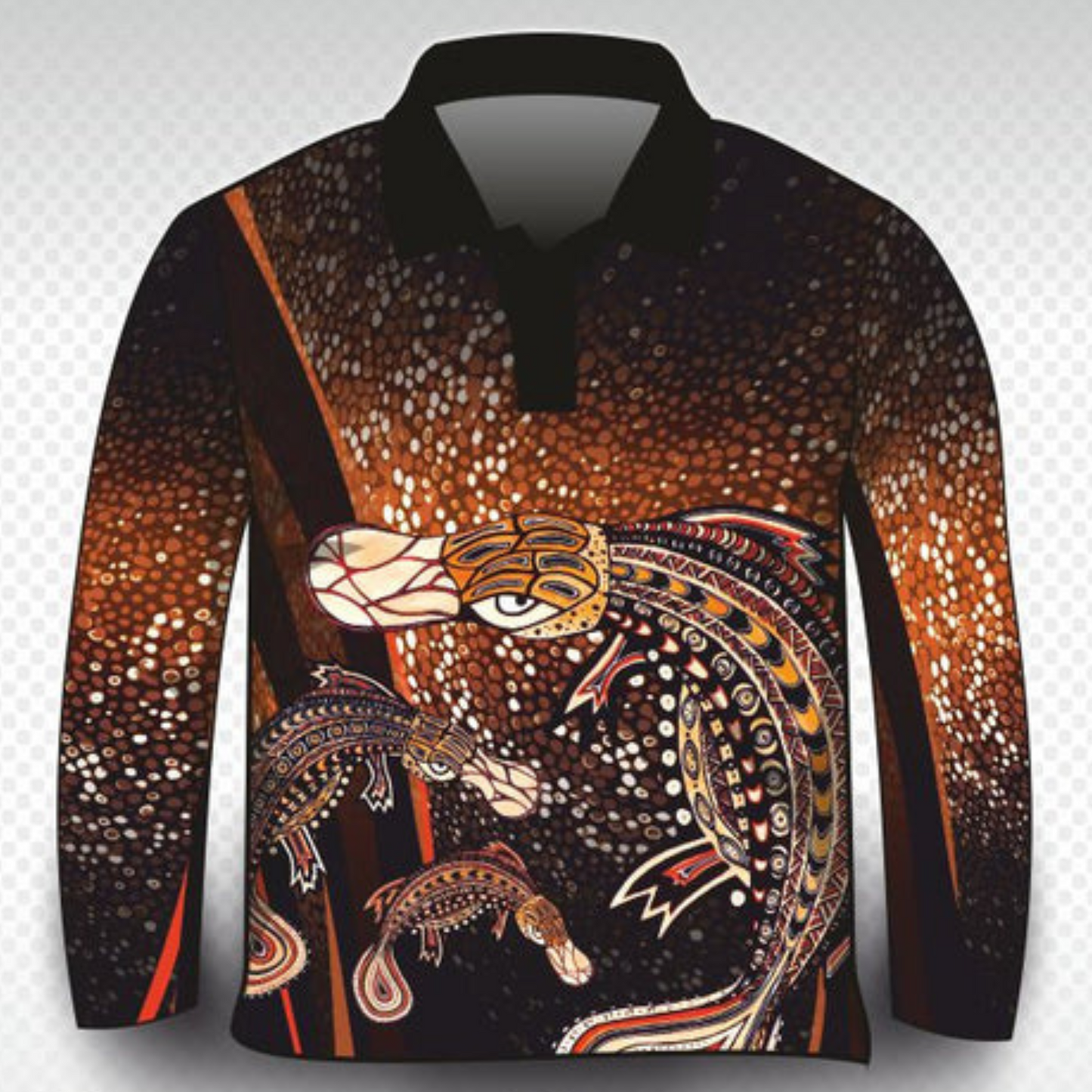 Indigenous Platypus Design Brown Shirt Z and TEE ABORIGINAL Australia Australian camping FIRST NATIONS FIRST NATIONS DESIGNS fishing LJM Preorder quick dry spo-default spo-disabled sun sun shirt sun shirts sunsafe uv WORK