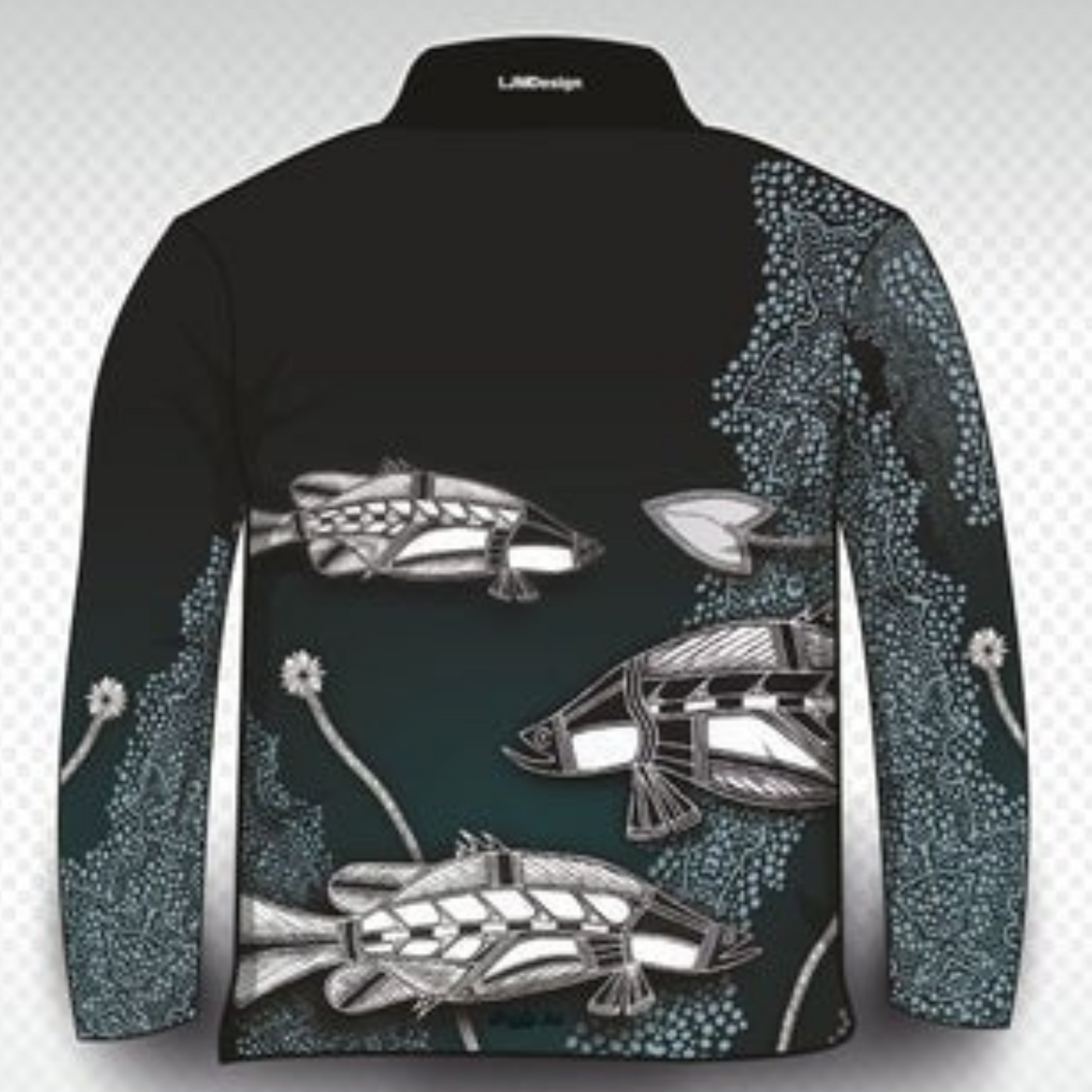 Indigenous Waterhole Barramundi Black Shirt Z and TEE ABORIGINAL Australia Australian camping FIRST NATIONS FIRST NATIONS DESIGNS fishing LJM men mens Preorder quick dry spo-default spo-disabled sun sun shirt sun shirts sunsafe uniforn uv work