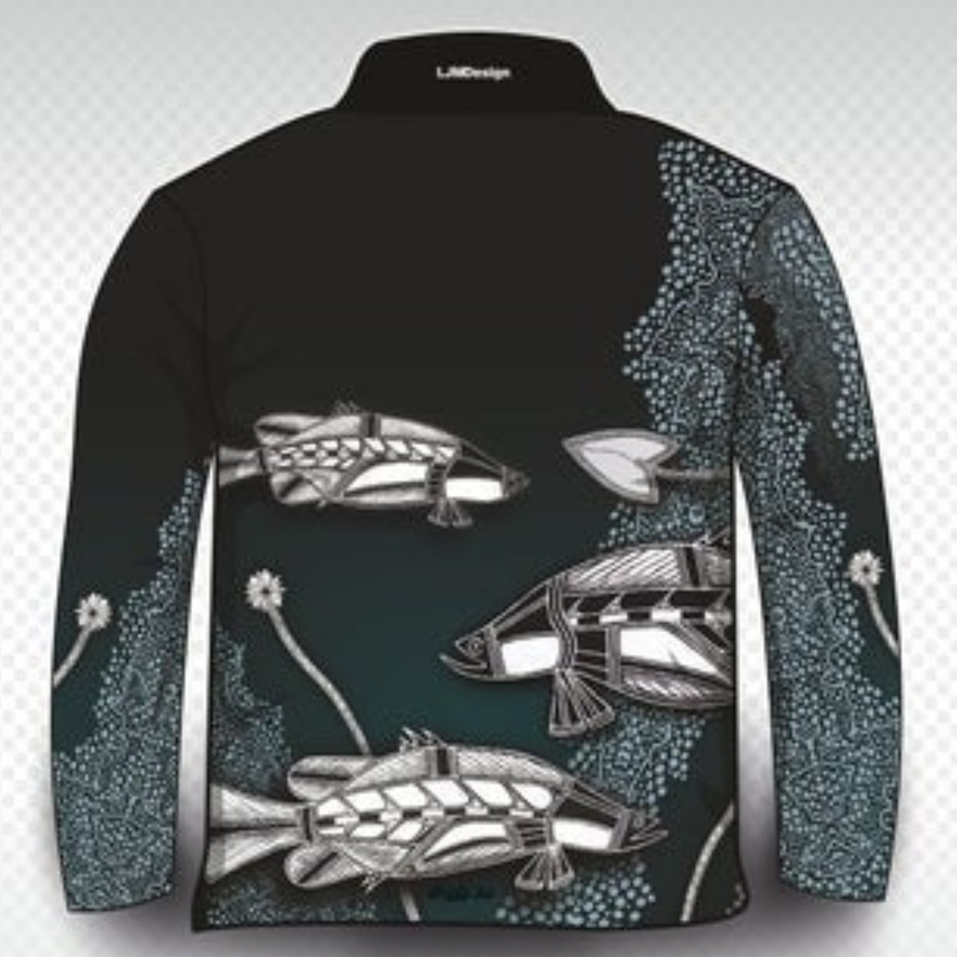 Indigenous Waterhole Barramundi Black Shirt Z and TEE ABORIGINAL Australia Australian camping FIRST NATIONS FIRST NATIONS DESIGNS fishing LJM men mens Preorder quick dry spo-default spo-disabled sun sun shirt sun shirts sunsafe uniforn uv work