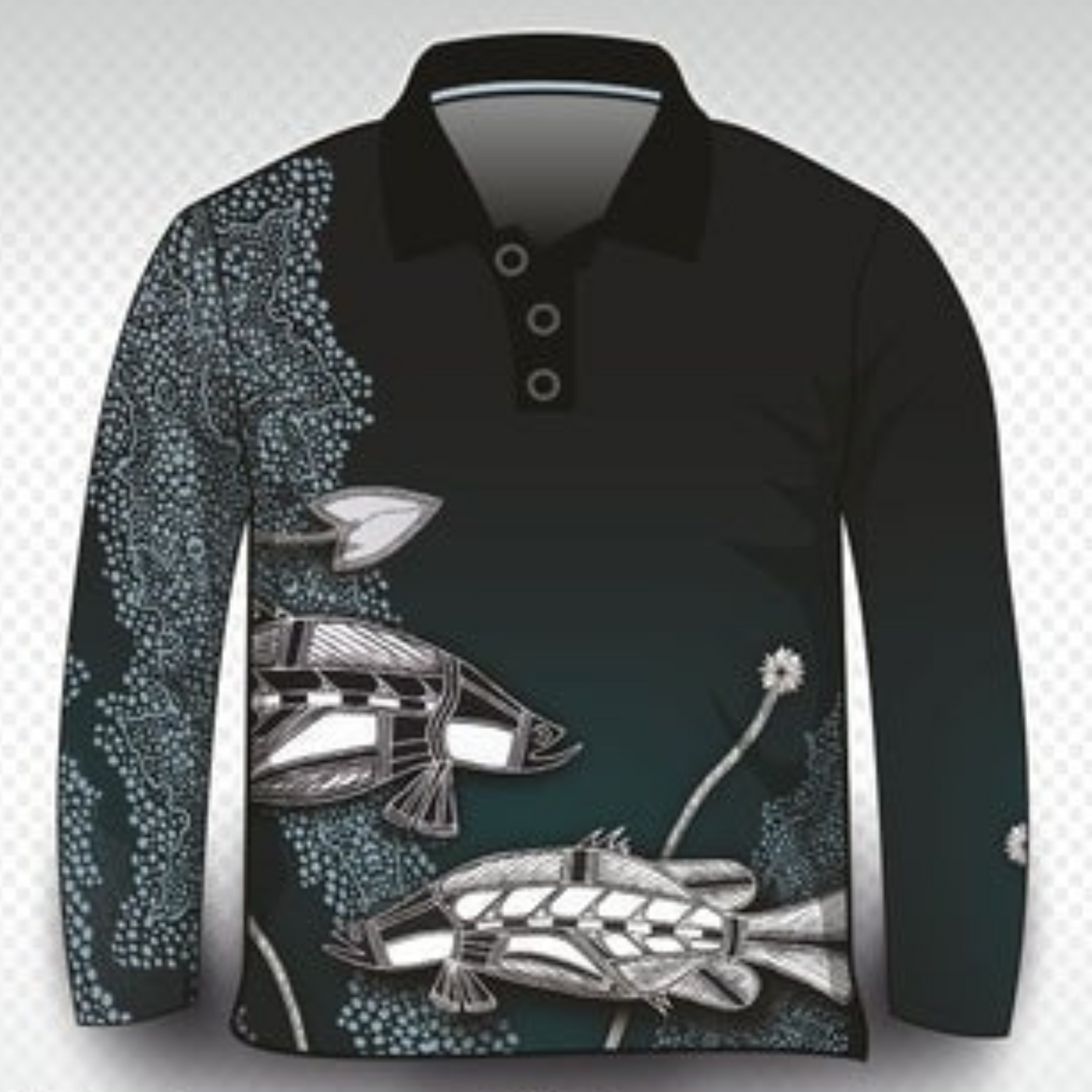 Indigenous Waterhole Barramundi Black Shirt Z and TEE ABORIGINAL Australia Australian camping FIRST NATIONS FIRST NATIONS DESIGNS fishing LJM men mens Preorder quick dry spo-default spo-disabled sun sun shirt sun shirts sunsafe uniforn uv work