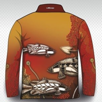 Indigenous Waterhole Barramundi Ochre Fishing Shirt Z and TEE Australia camping FIRST NATIONS DESIGNS fishing LJM men mens Preorder quick dry spo-default spo-disabled sun sun shirt sun shirts sunsafe uv