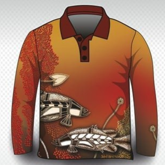 Indigenous Waterhole Barramundi Ochre Fishing Shirt Z and TEE Australia camping FIRST NATIONS DESIGNS fishing LJM men mens Preorder quick dry spo-default spo-disabled sun sun shirt sun shirts sunsafe uv