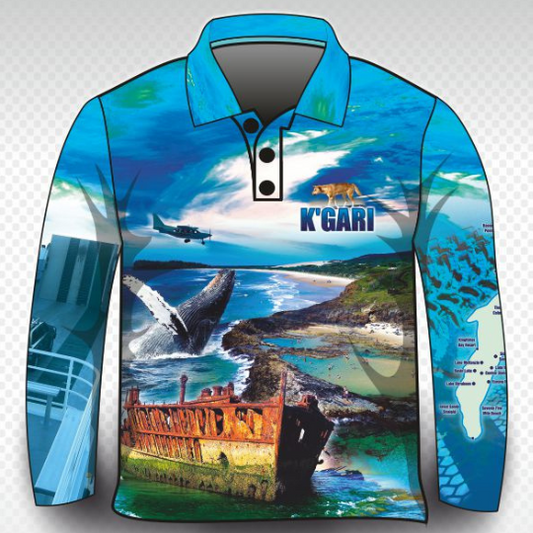 Fraser Island | Complete K'gari (Fraser Island) Blue Shirt Long or Short Sleeve Z and TEE 4x4 boy boys camping fishing FRASER ISLAND DESIGNS K'gari LJM men mens Preorder quick dry spo-default spo-disabled sun sun shirt sun shirts sunsafe travel uv