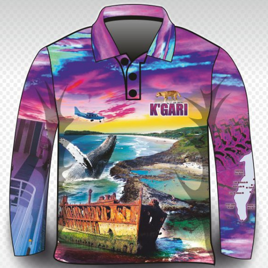Fraser Island | Complete K'gari (Fraser Island) Pink Shirt Long or Short Sleeve Z and TEE 4x4 boy boys camping fishing FRASER ISLAND DESIGNS K'gari LJM men mens Preorder quick dry spo-default spo-disabled sun sun shirt sun shirts sunsafe travel uv