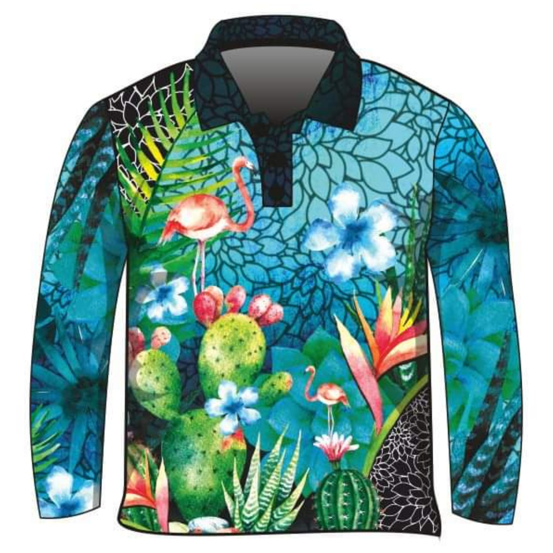 Tropical | Cuban Flamingo Paradise Shirt Long or Short Sleeve Z and TEE camping cruise fishing GIRLS DESIGNS LJM men mens Preorder quick dry spo-default spo-disabled sun sun shirt sun shirts sunsafe tropical TROPICAL DESIGNS uv WOMEN'S DESIGNS