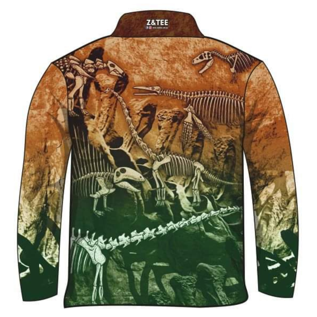 Kids | Dinosaur Trail Fossils Green Shirt Z and TEE BOYS DESIGNS camping fishing LJM men mens Preorder quick dry spo-default spo-disabled sun sun shirt sun shirts sunsafe uv