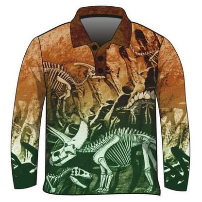 Kids | Dinosaur Trail Fossils Green Shirt Z and TEE BOYS DESIGNS camping fishing LJM men mens Preorder quick dry spo-default spo-disabled sun sun shirt sun shirts sunsafe uv