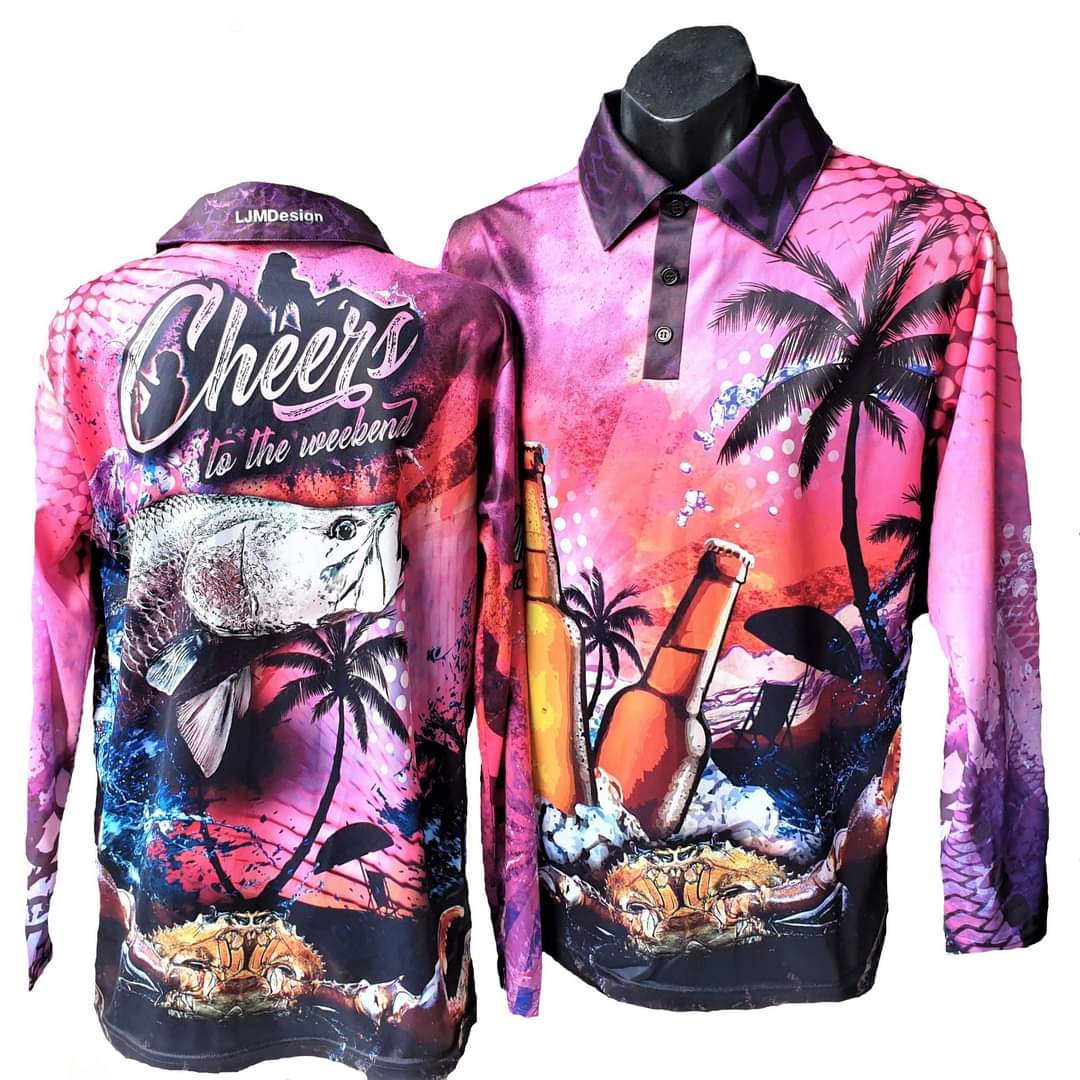 Fishing | Cheers to the Weekend Pink Fishing Shirt Long or Short Sleeve Z and TEE camping FISH DESIGNS fishing LJM men mens Preorder quick dry spo-default spo-disabled sun sun shirt sun shirts sunsafe uv WOMEN'S DESIGNS