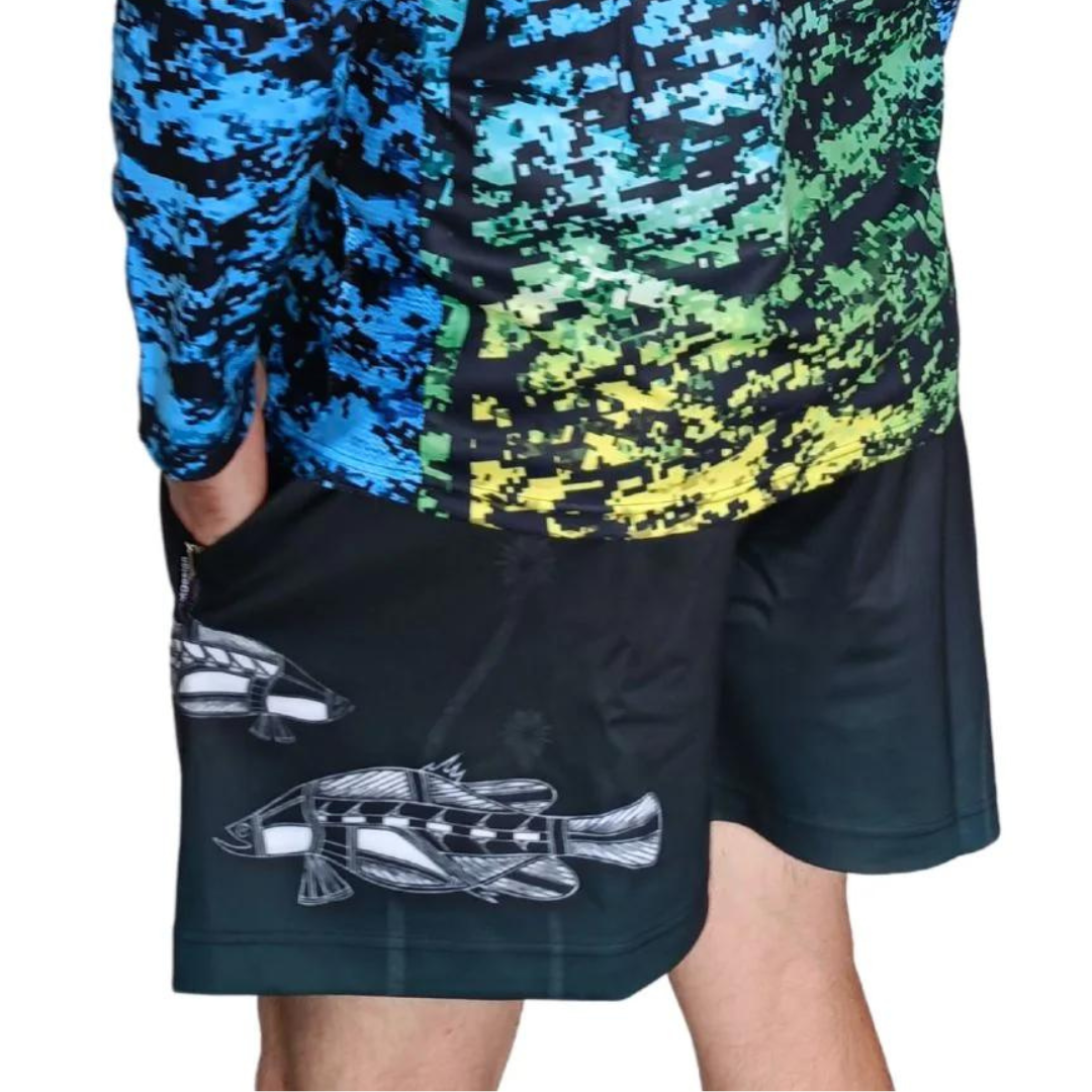 Rugby Shorts | Indigenous Waterhole Barramundi Black Shorts LJM Designs Aussie AUSSIE FLAG Australia Australia Day Australian Australian Camping OG Australiana blue camping DAD FATHER'S DAY FISH DESIGNS FISHING HIM ALL in stock LJM men MEN'S DESIGNS mens MENS DESIGNS quick dry spo-default spo-disabled sun sun shirt sun shirts sunsafe SWIMMING uv z&tee