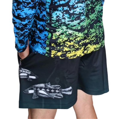 Rugby Shorts | Indigenous Waterhole Barramundi Black Shorts LJM Designs Aussie AUSSIE FLAG Australia Australia Day Australian Australian Camping OG Australiana blue camping DAD FATHER'S DAY FISH DESIGNS FISHING HIM ALL in stock LJM men MEN'S DESIGNS mens MENS DESIGNS quick dry spo-default spo-disabled sun sun shirt sun shirts sunsafe SWIMMING uv z&tee