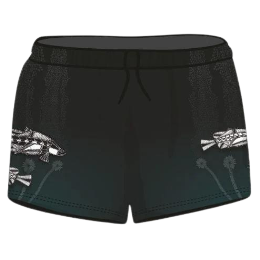 Rugby Shorts | Indigenous Waterhole Barramundi Black Shorts LJM Designs Aussie AUSSIE FLAG Australia Australia Day Australian Australian Camping OG Australiana blue camping DAD FATHER'S DAY FISH DESIGNS FISHING HIM ALL in stock LJM men MEN'S DESIGNS mens MENS DESIGNS quick dry spo-default spo-disabled sun sun shirt sun shirts sunsafe SWIMMING uv z&tee