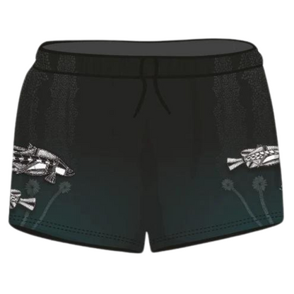 Rugby Shorts | Indigenous Waterhole Barramundi Black Shorts LJM Designs Aussie AUSSIE FLAG Australia Australia Day Australian Australian Camping OG Australiana blue camping DAD FATHER'S DAY FISH DESIGNS FISHING HIM ALL in stock LJM men MEN'S DESIGNS mens MENS DESIGNS quick dry spo-default spo-disabled sun sun shirt sun shirts sunsafe SWIMMING uv z&tee