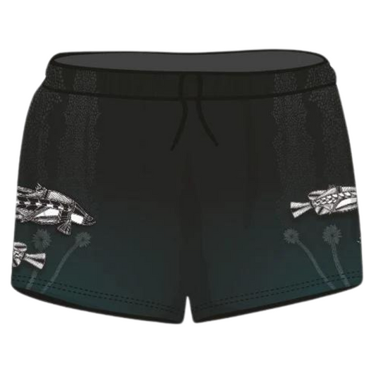 Rugby Shorts | Indigenous Waterhole Barramundi Black Shorts LJM Designs Aussie AUSSIE FLAG Australia Australia Day Australian Australian Camping OG Australiana blue camping DAD FATHER'S DAY FISH DESIGNS FISHING HIM ALL in stock LJM men MEN'S DESIGNS mens MENS DESIGNS quick dry spo-default spo-disabled sun sun shirt sun shirts sunsafe SWIMMING uv z&tee