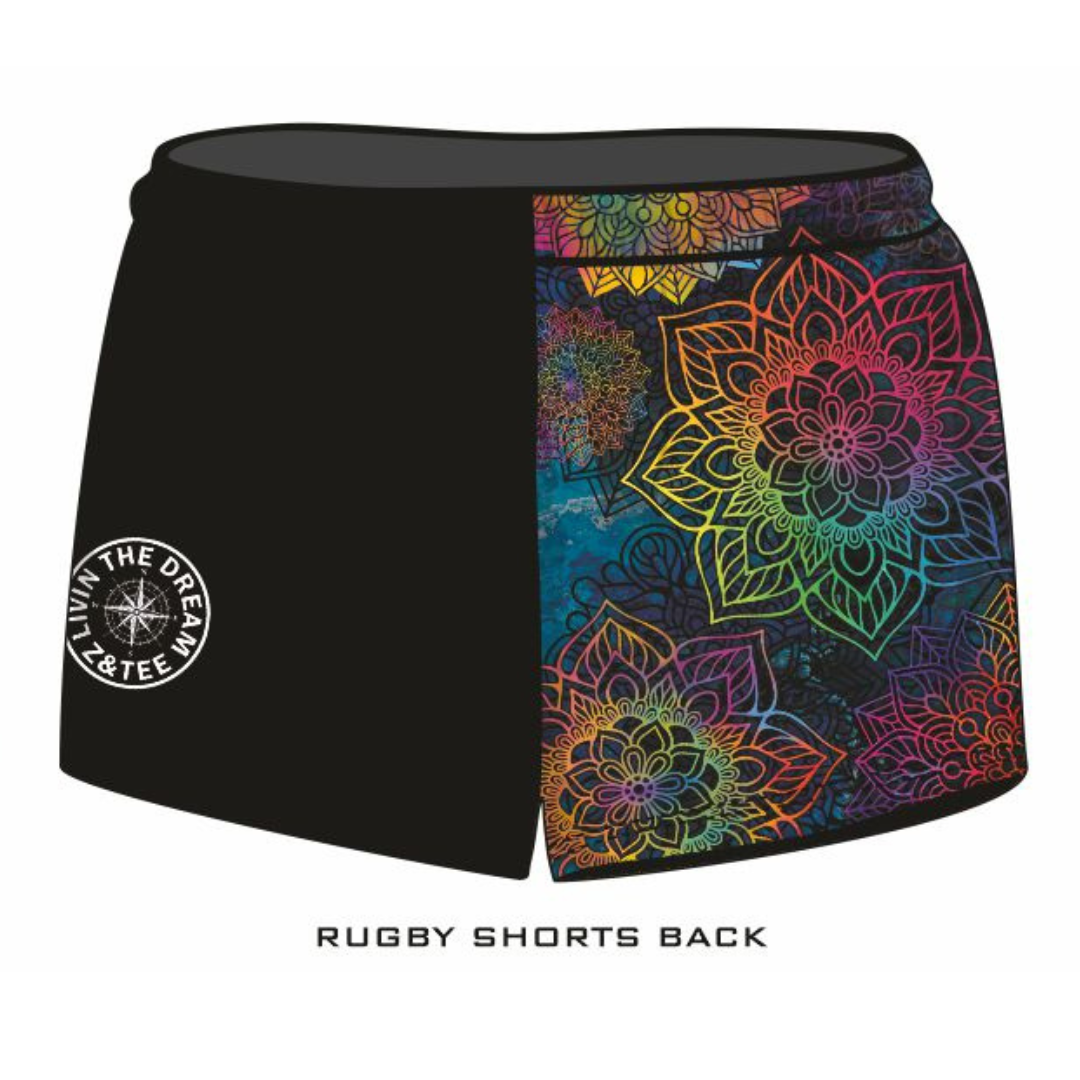 Rugby Shorts | Kaleidoscope Mandala Black LJM Designs camping FISHING in stock LJM PATTERN AND PLAIN DESIGNS quick dry spo-default spo-disabled sun sun shirt sun shirts sunsafe SWIMMING uv Women WOMEN'S DESIGNS Women's Fishing womens z&tee