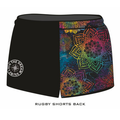 Rugby Shorts | Kaleidoscope Mandala Black LJM Designs camping FISHING in stock LJM PATTERN AND PLAIN DESIGNS quick dry spo-default spo-disabled sun sun shirt sun shirts sunsafe SWIMMING uv Women WOMEN'S DESIGNS Women's Fishing womens z&tee