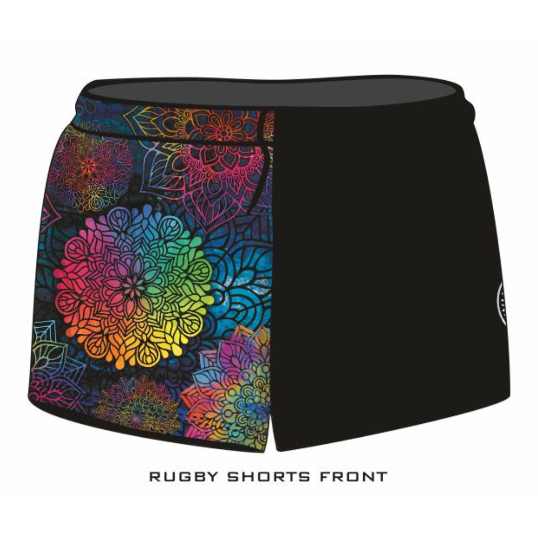 Rugby Shorts | Kaleidoscope Mandala Black LJM Designs camping FISHING in stock LJM PATTERN AND PLAIN DESIGNS quick dry spo-default spo-disabled sun sun shirt sun shirts sunsafe SWIMMING uv Women WOMEN'S DESIGNS Women's Fishing womens z&tee