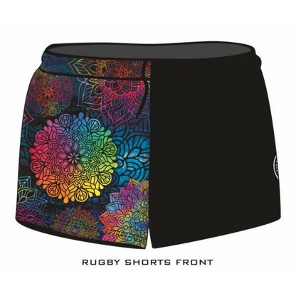 Rugby Shorts | Kaleidoscope Mandala Black LJM Designs camping FISHING in stock LJM PATTERN AND PLAIN DESIGNS quick dry spo-default spo-disabled sun sun shirt sun shirts sunsafe SWIMMING uv Women WOMEN'S DESIGNS Women's Fishing womens z&tee