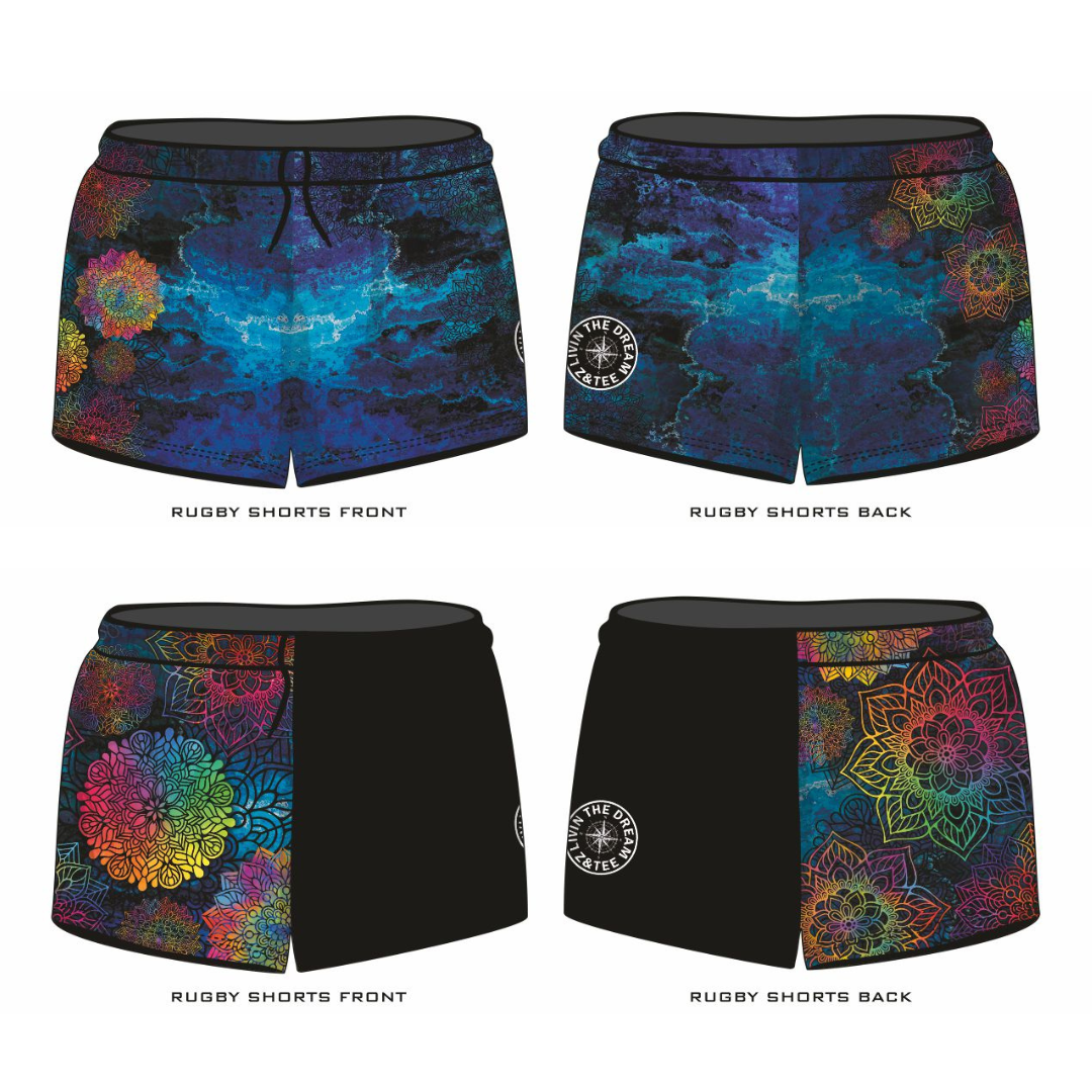 Rugby Shorts | Kaleidoscope Mandala Black LJM Designs camping FISHING in stock LJM PATTERN AND PLAIN DESIGNS quick dry spo-default spo-disabled sun sun shirt sun shirts sunsafe SWIMMING uv Women WOMEN'S DESIGNS Women's Fishing womens z&tee