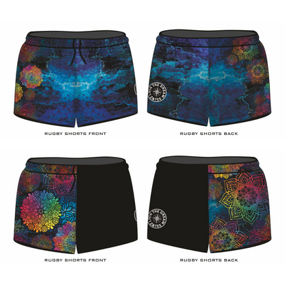 Rugby Shorts | Kaleidoscope Mandala Black LJM Designs camping FISHING in stock LJM PATTERN AND PLAIN DESIGNS quick dry spo-default spo-disabled sun sun shirt sun shirts sunsafe SWIMMING uv Women WOMEN'S DESIGNS Women's Fishing womens z&tee