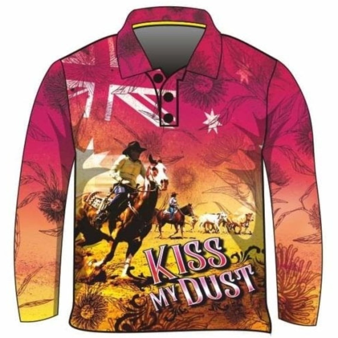 Western | Kiss My Dust Australia Shirt Long or Short Sleeve Z and TEE Australia Australia Day Australian camping COUNTRY WESTERN DESIGNS fishing LJM men mens Preorder quick dry spo-default spo-disabled sun sun shirt sun shirts sunsafe uv WOMEN'S DESIGNS